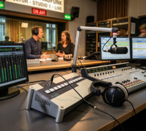 Studiosprechanlage im mobilen Einsatz. Ein robustes Metallgehäuse für ausgefeilte Studiotechnik.