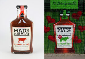Verpackungsdesign und Streetart unseres Glasflaschentwurfs für Kühne MADE FOR MEAT