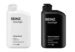 Frontansicht der SEINZ. Duschgelflaschen von dm, entwickelt von formel23.