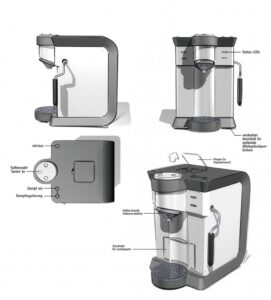 Kaffeemaschine in den Ansichten als Entwurfsvisualisierung im Designprozess.