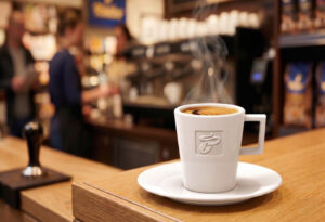 Kaffeetasse in einer Tchibo Filiale die Lust macht auf einen gemütlichen Schluck Kaffee.